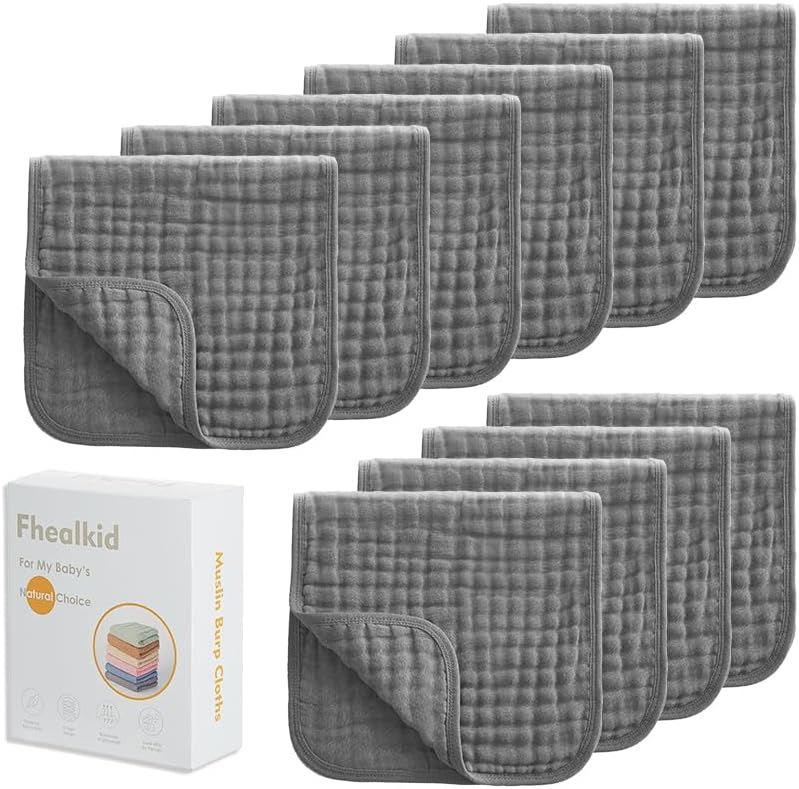Fhealkid Muslin Burp Cloths Sets Newborn Baby Boy Essentials Must Haves 100% Cotton 10 Pack 22" X 10",6-Layer Baby Bibs & Burp Cloths for Baby Drool and Messes - Soft, Safe & Gentle for Boys & Girls Multi - Image 1